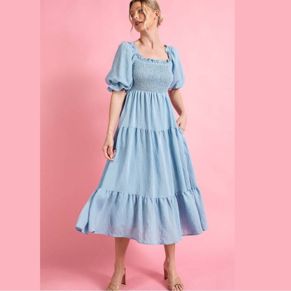 BOUTIQUE puff sleeve smocked blue midi dress tiered ruffle XL